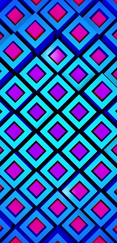 Colorful geometric pattern wallpaper with blue and pink diamond shapes.