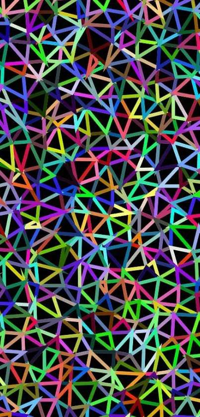 Vibrant geometric pattern wallpaper with colorful triangles on black background.