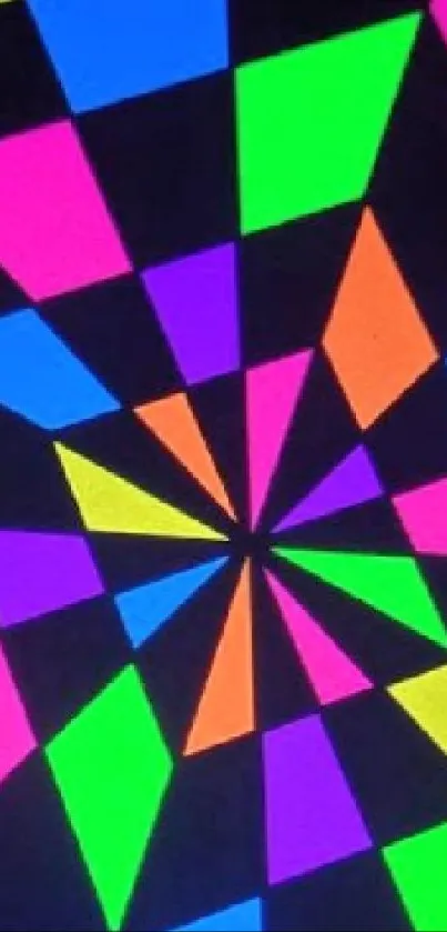 Bright neon geometric pattern wallpaper with kaleidoscope effect.