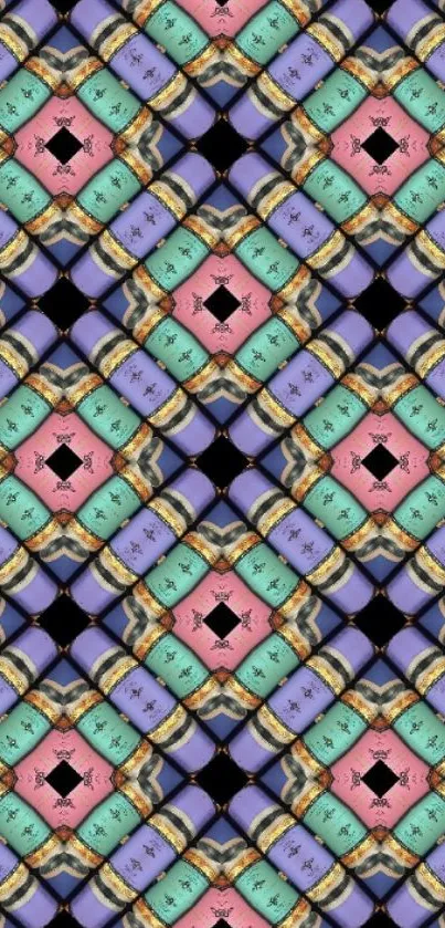 Colorful geometric pattern with purple, mint, and pink elements.