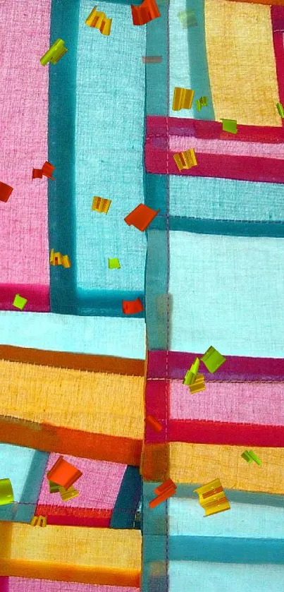 Colorful geometric pattern wallpaper with vibrant blocks.