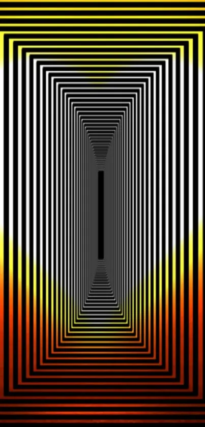 Geometric pattern wallpaper with yellow, orange, and black gradient and optical illusion effect.