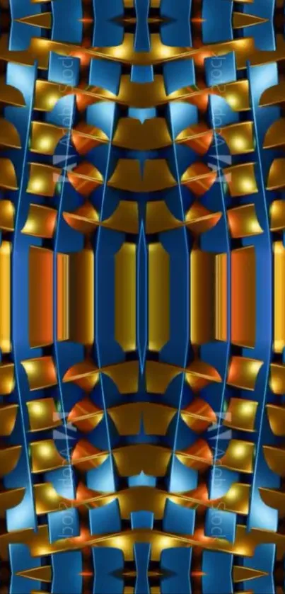 Modern geometric pattern wallpaper in blue, orange, and gold.