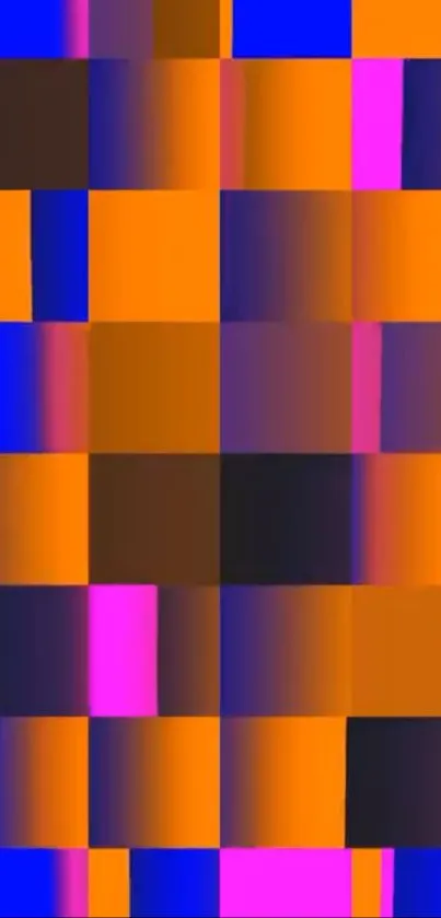 Vibrant geometric pattern with orange, blue, and pink shades.