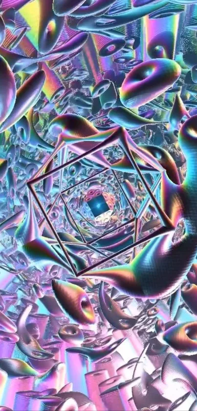 Colorful geometric pattern with iridescent shapes creating a vibrant digital design.