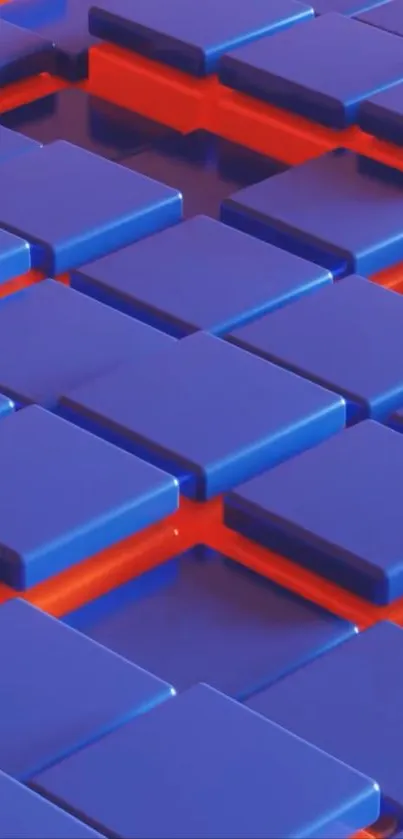 Blue and red geometric pattern wallpaper with 3D blocks.