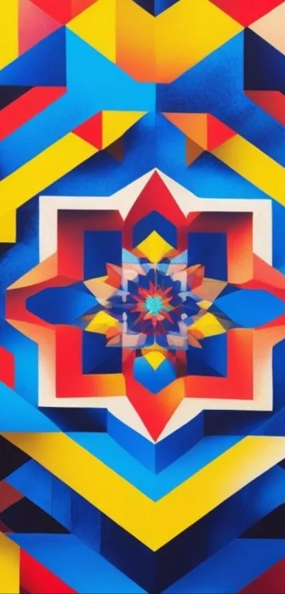 Vibrant geometric pattern wallpaper with bold colors and shapes.