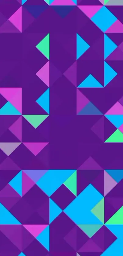 Vibrant geometric pattern wallpaper with purple, teal, and pink triangles.