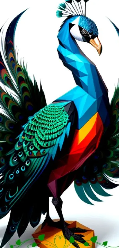 Vibrant geometric peacock wallpaper design on a white background.
