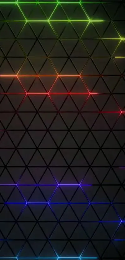 Vibrant geometric wallpaper with neon triangles on a black background.