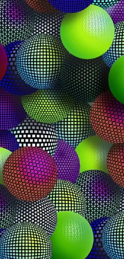 Colorful geometric wallpaper with 3D spheres in green, purple, and blue tones.