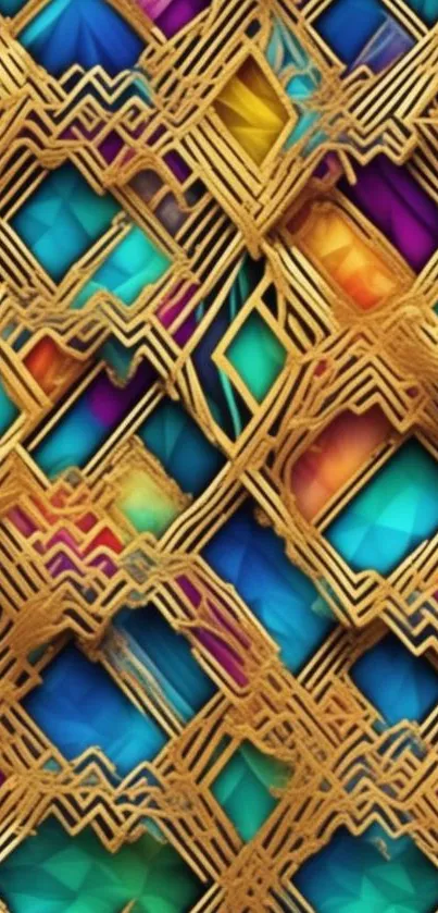 Vibrant geometric phone wallpaper with gold accents
