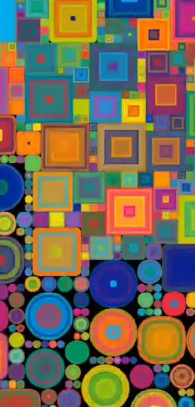 Colorful geometric pattern with squares and circles in vibrant hues.