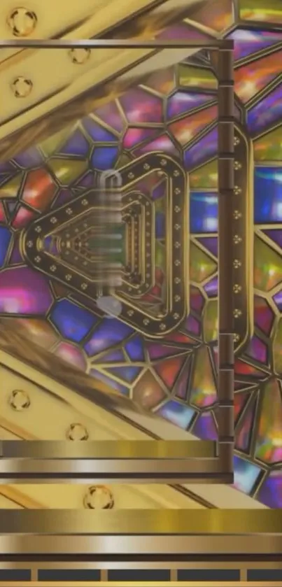 Vibrant geometric wallpaper with gold accents and colorful patterns.