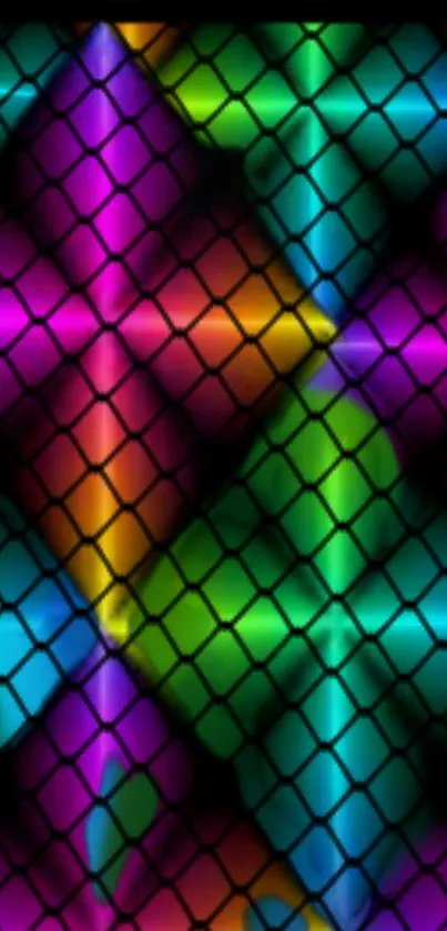 Vibrant geometric wallpaper with colorful mesh pattern. Purple, green, and blue hues.