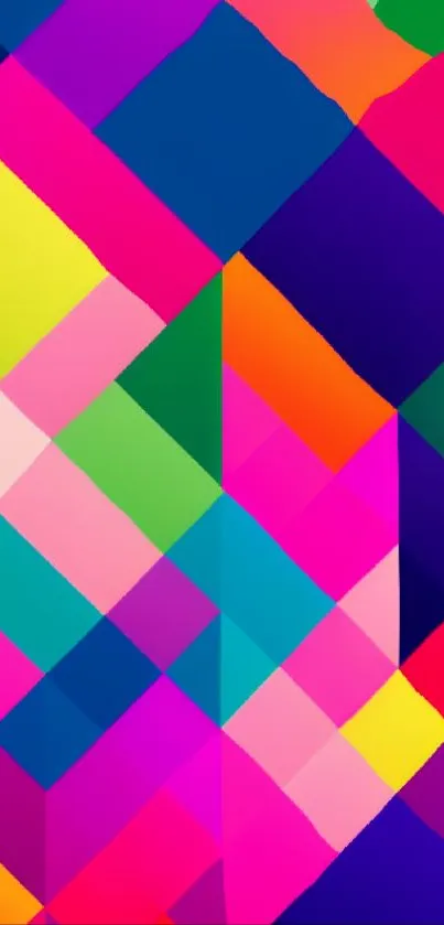 Vibrant geometric pattern with colorful triangles and squares.