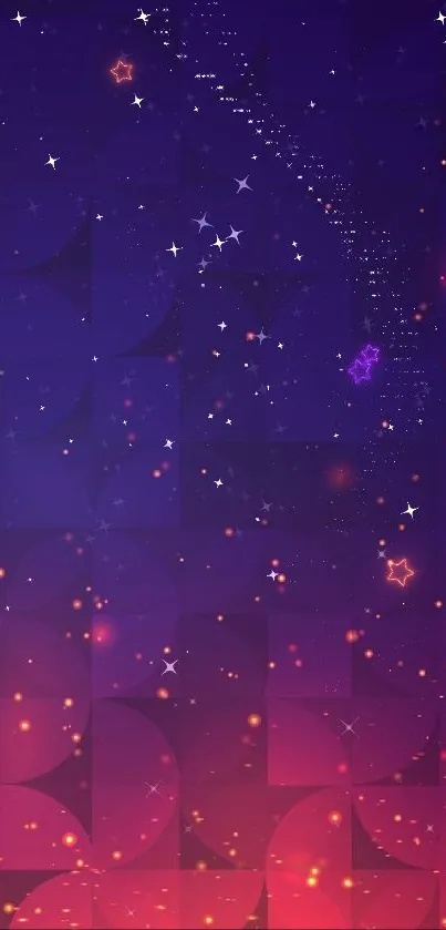 Geometric wallpaper with purple and orange hues and glowing particles.