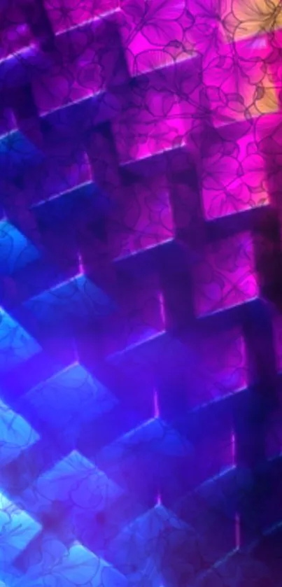 Vibrant geometric wallpaper in purple, pink, and blue hues.