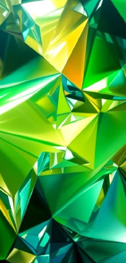 Vibrant geometric wallpaper with green, yellow, and teal abstract shapes.