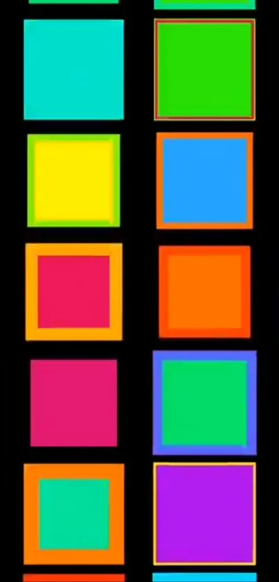 Bright and colorful squares on a black background creating a vibrant phone wallpaper.