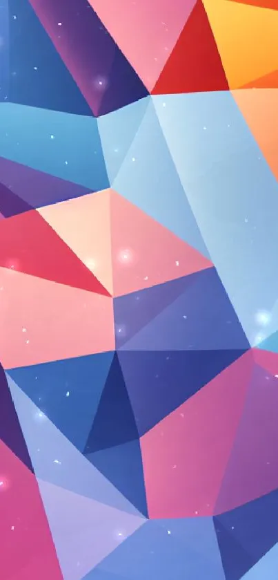 Vibrant geometric wallpaper with colorful polygonal shapes in blue and red hues.