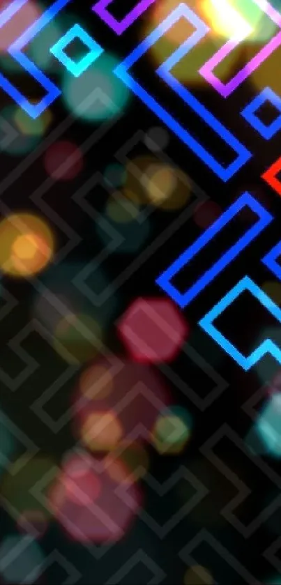 Vibrant geometric maze wallpaper with colorful patterns and a black background.