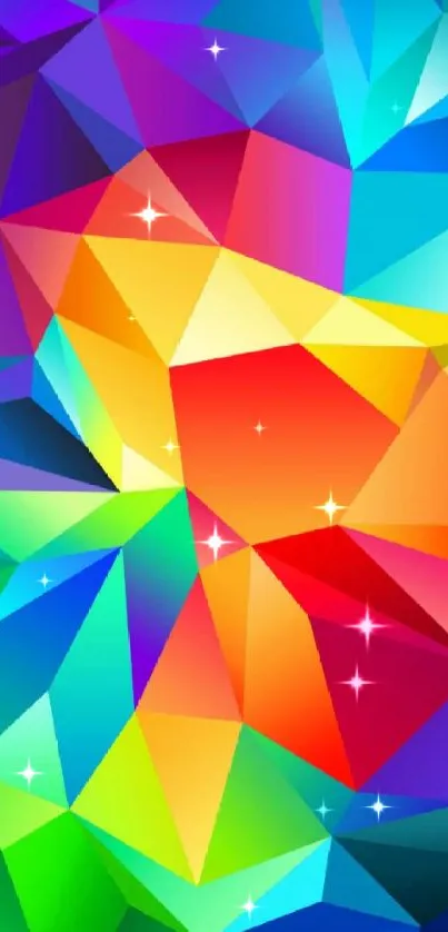 Vibrant and colorful geometric wallpaper with polygon patterns.