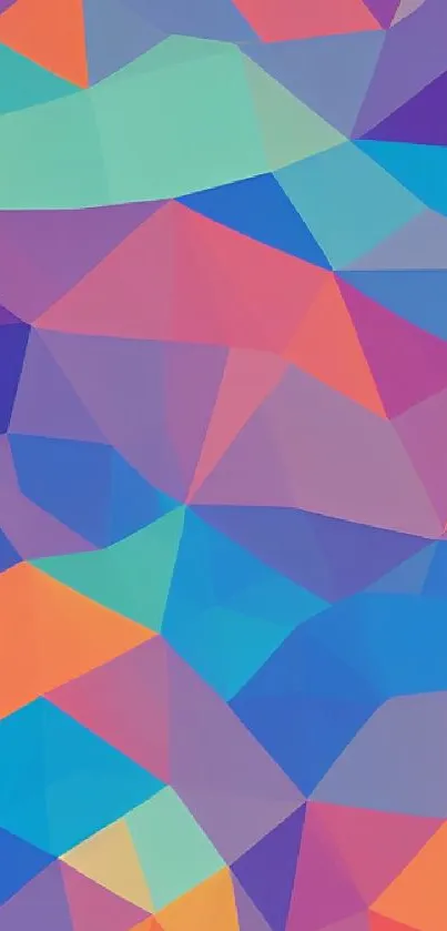Vibrant geometric pattern in blue, orange, and purple hues.