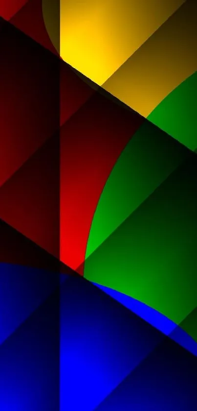 Vibrant geometric wallpaper with blue, red, green, and yellow patterns.