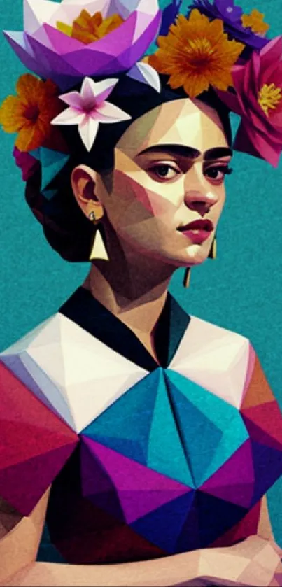 Abstract geometric portrait with bold colors and floral elements.