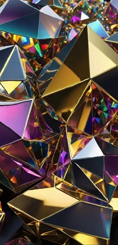 Gold and multicolor geometric prism wallpaper with vibrant reflections.