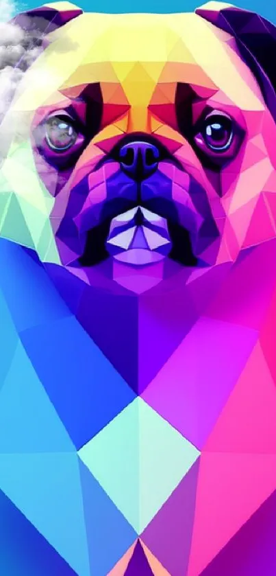 Vibrant geometric pug wallpaper with colorful low poly design.