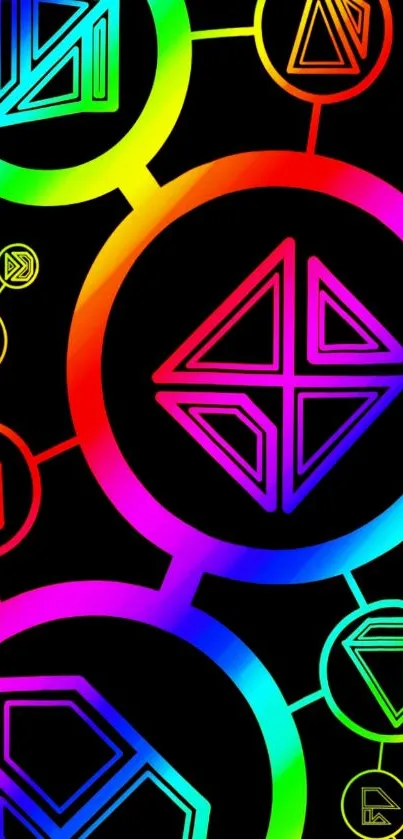 Colorful geometric pattern with rainbow hues on a black background.