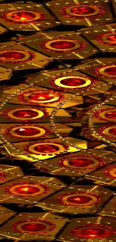 Vibrant geometric pattern with red and gold hues on a mobile wallpaper.