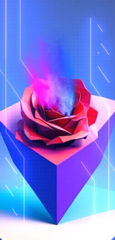 Futuristic vibrant rose on geometric shape with neon blue background.