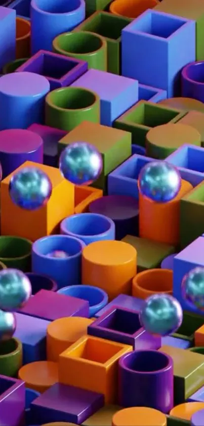 Colorful 3D geometric shapes and reflecting spheres wallpaper.