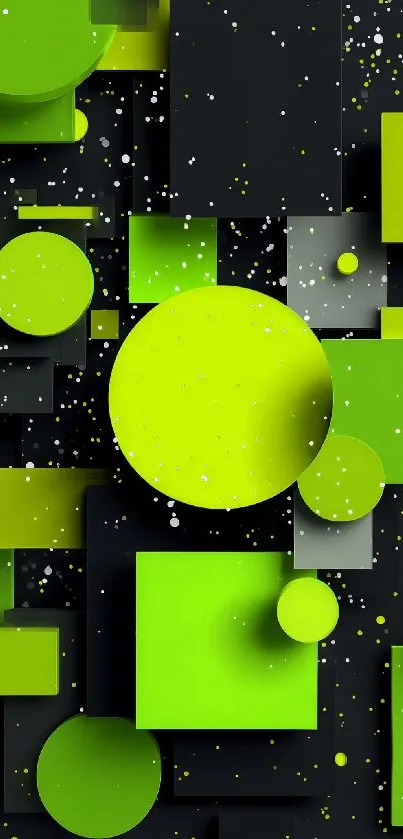 Green and black geometric wallpaper with circles and squares.