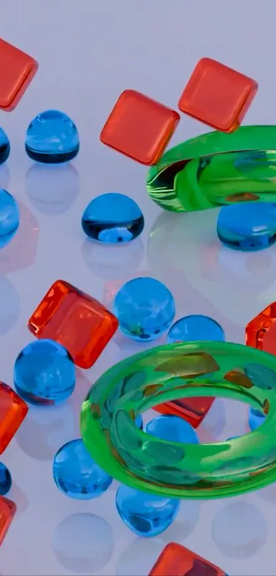 Vibrant geometric shapes in red, blue, and green.