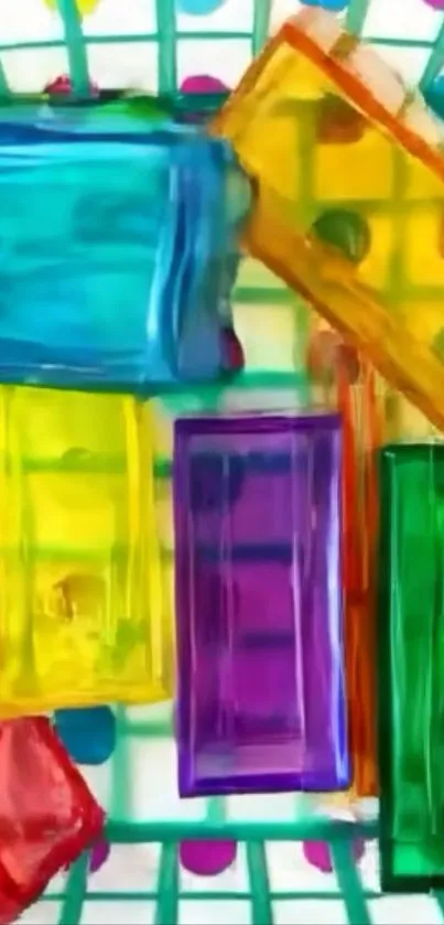 Vibrant geometric shapes in turquoise and other lively colors.