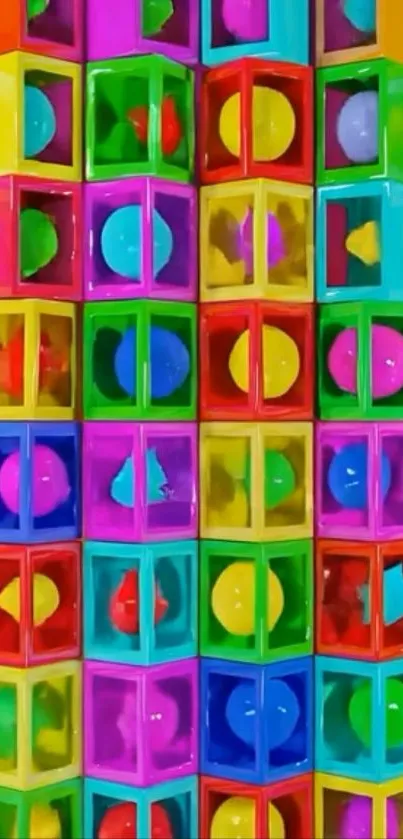 Vibrant geometric wallpaper with colorful cubes and spheres.