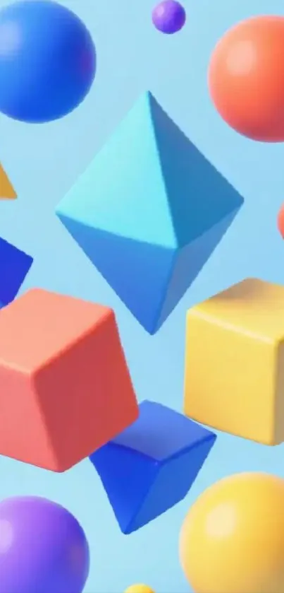 Colorful 3D geometric shapes on blue background.