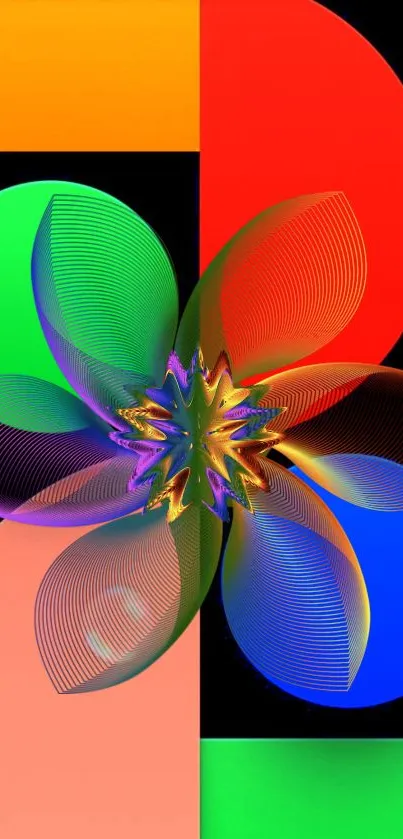 Vibrant geometric shapes in bold colors on a black background.