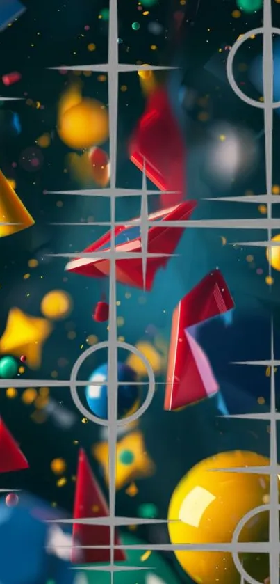 Colorful 3D geometric shapes with dark background.