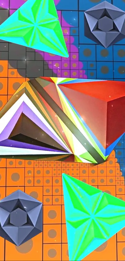 Vibrant geometric wallpaper with 3D prisms in bold colors.