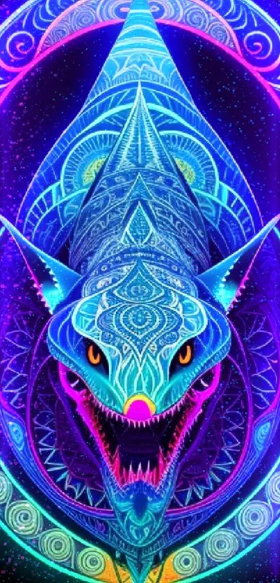 Neon geometric shark with intricate patterns and vibrant colors.