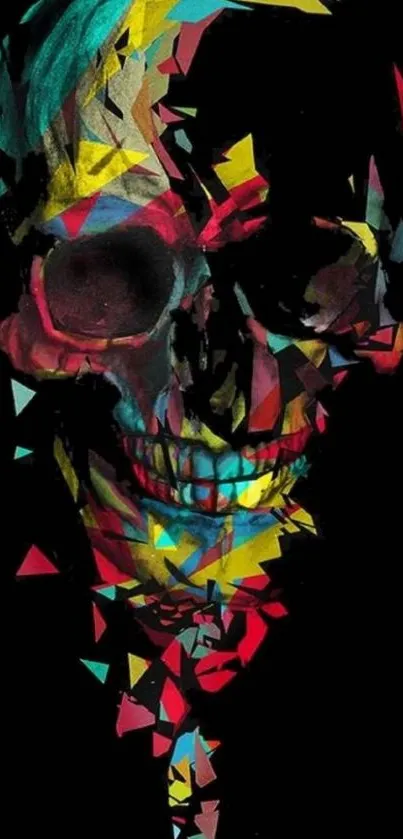 Vibrant geometric skull art wallpaper with bold colorful shapes.