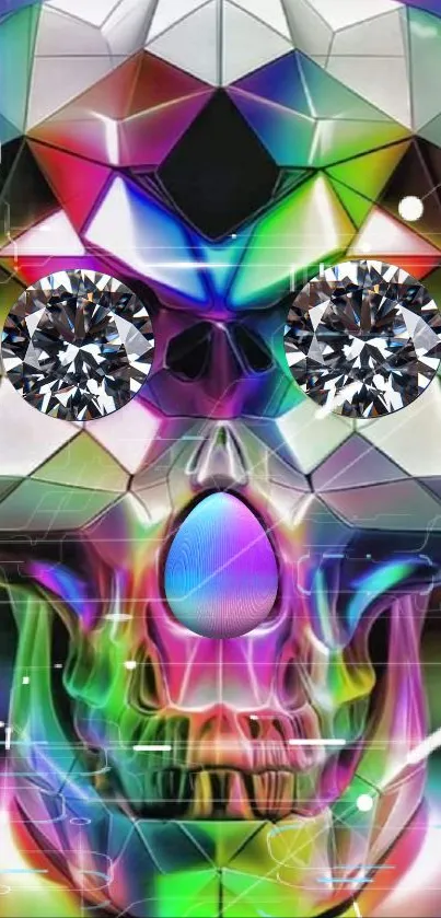 Vibrant geometric skull with diamond eyes and vivid colors.