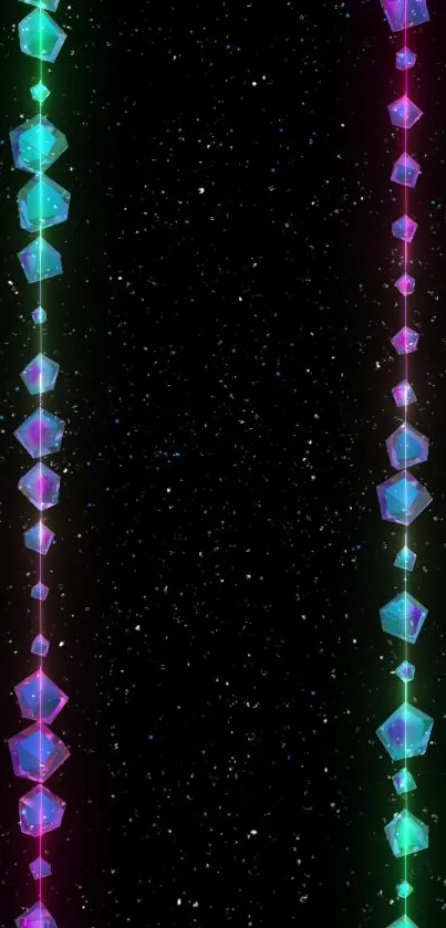 Vibrant geometric shapes glowing in space with a starry background.