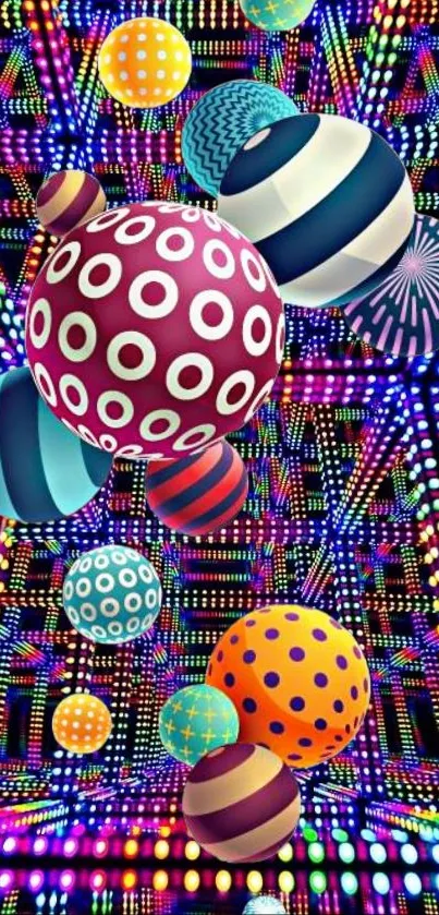 Vibrant geometric spheres with colorful patterns on a dynamic 3D background.