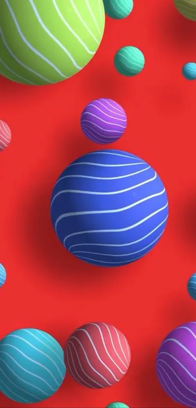Colorful 3D geometric spheres on red background.